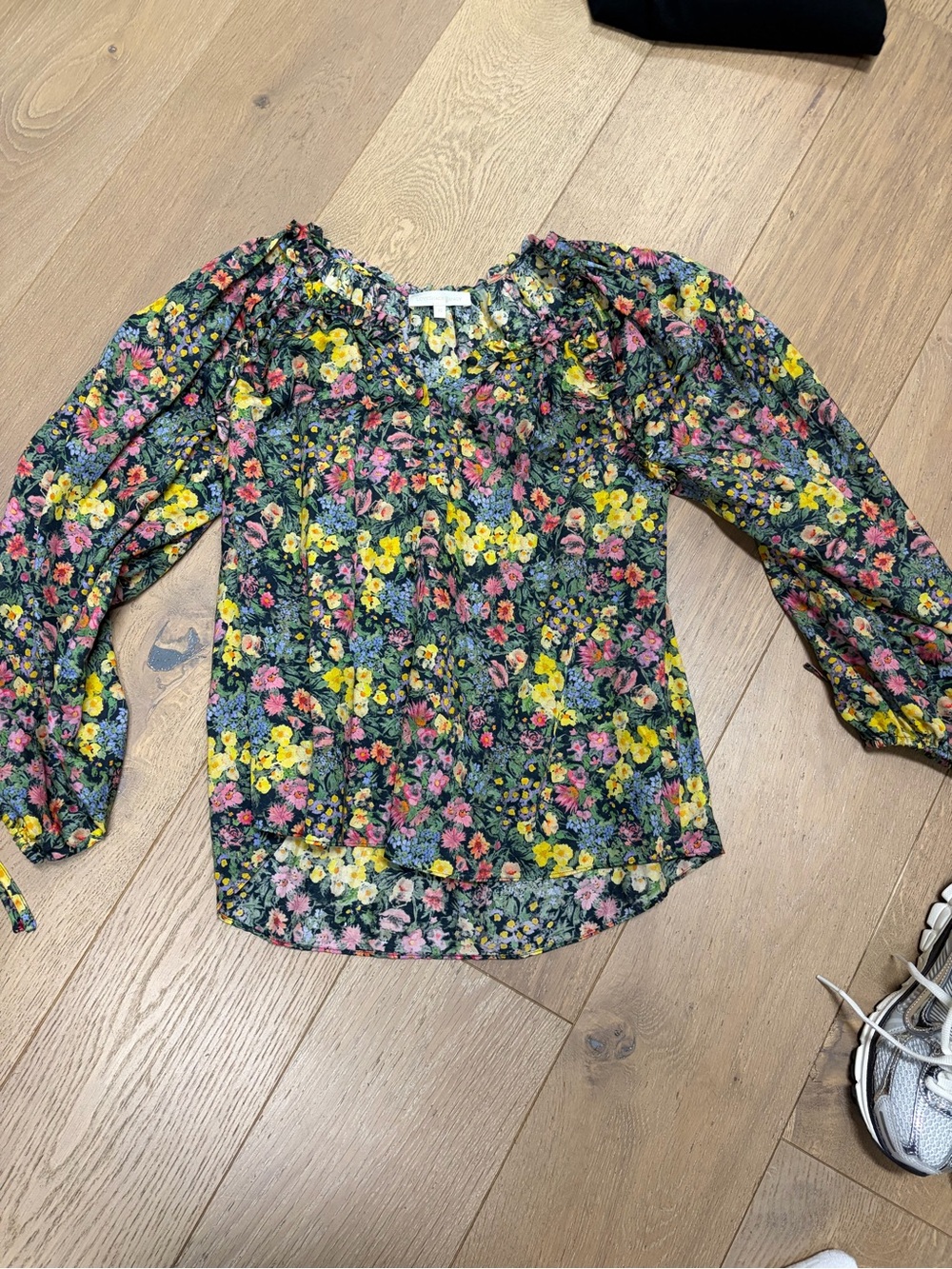 LoveShackFancy Floral Blouse in Green with Yellow and Pink Blooms